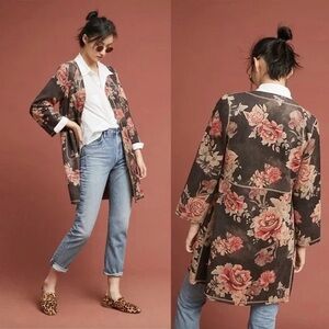 T Tahari Floral Faux Suede Longline Open Front Jacket Gray Medium